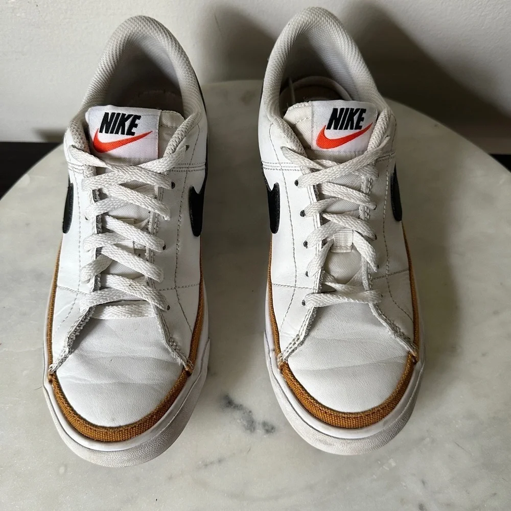 Nike Court Legacy 3.5Y White Sneakers with Black Swoosh and Brown Accents